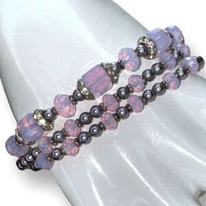 Three Strands Opalite w/ Faux Pearl Beaded Bracelet Rhinestones Magnetic Closure